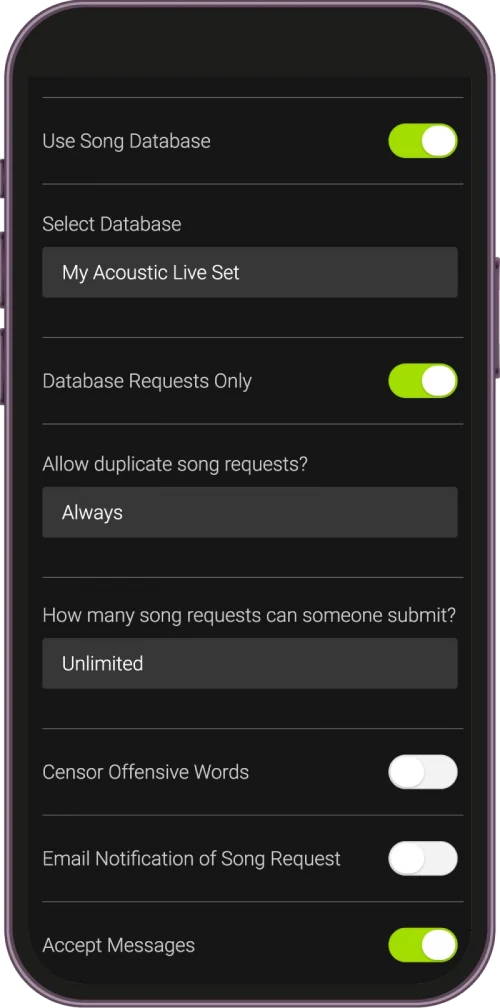 Song database settings