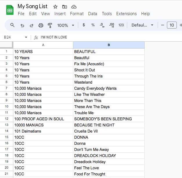 Song List Google Sheets